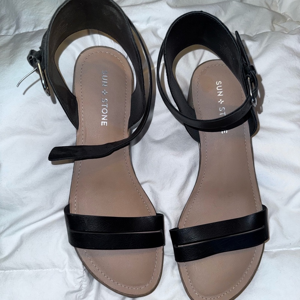 Sun + Stone Black Double-Strap Ankle Sandals